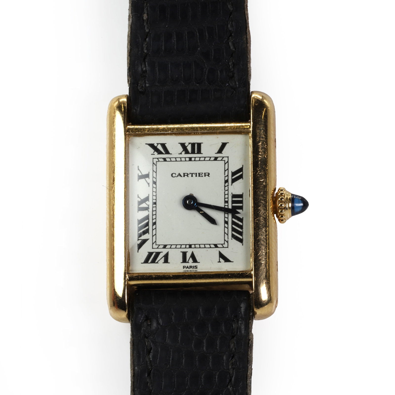 Am 18ct gold ladies' Cartier Tank mechanical strap watch,: Am 18ct gold ladies' Cartier Tank mechanical strap watch, 20.50 x 27.00mm case, with an off-white dial, black Roman numerals and blue spade hands, with four screws to the sides to secure the case back