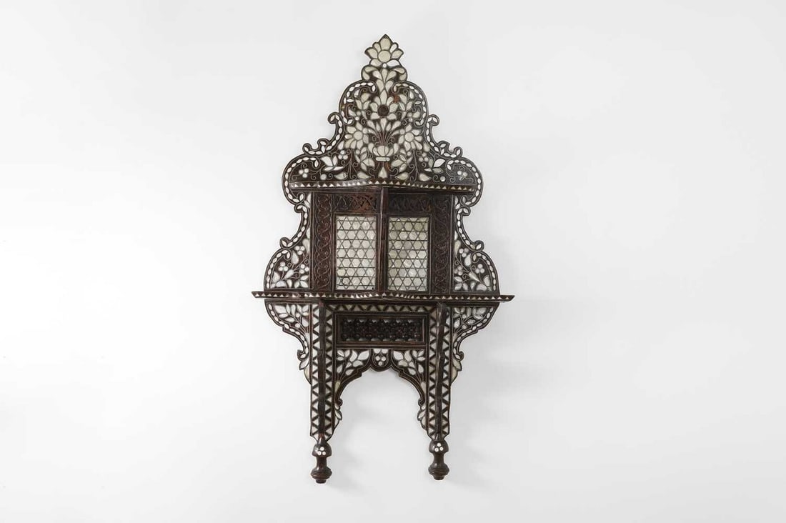 A stained hardwood and mother-of-pearl inlaid wall bracket, (1 of 9)