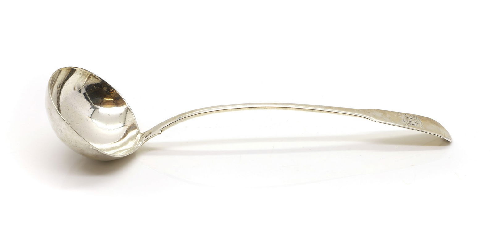 A George III Fiddle pattern silver soup ladle,: A George III Fiddle pattern silver soup ladle, by Sarah & John William Blake, London 1816, engraved with a cipher, 32.5cm long 7.3ozt Condition Report: General knocks and wear. Some rubbing to the mar