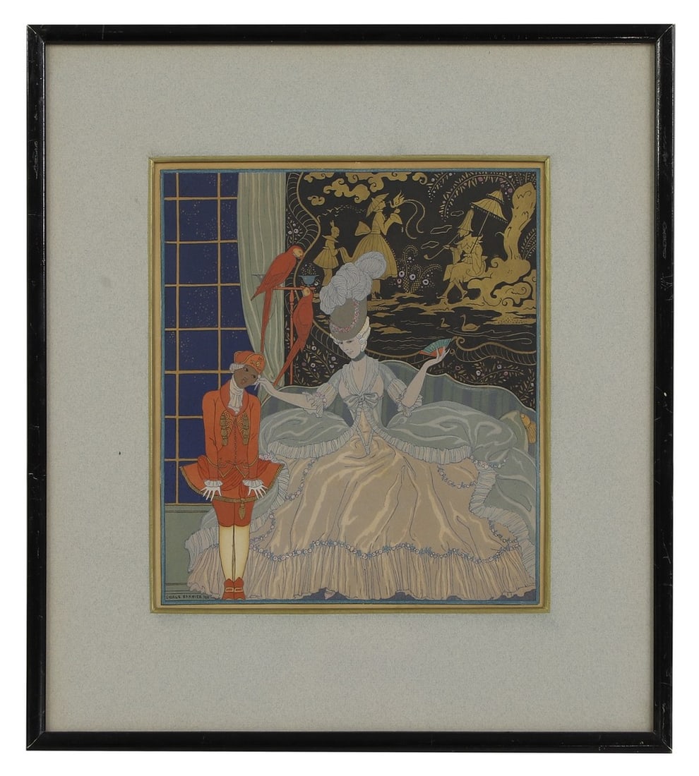 George Barbier (French, 1882-1932): George Barbier (French, 1882-1932) A French noblewoman flanked by parrots and a courtier, 1916 signed and dated, pochoir print with gilt application 24.5 x 21.5cm, framed and glazed Condition Report: