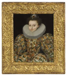 Attributed to George Gower (c.1540-1596): Attributed to George Gower (c.1540-1596) Portrait of a lady, said to be Lady Arabella Stuart, daughter of Charles, 5th Earl of Lennox, half-length, in a richly embroidered and bejewelled dress with a