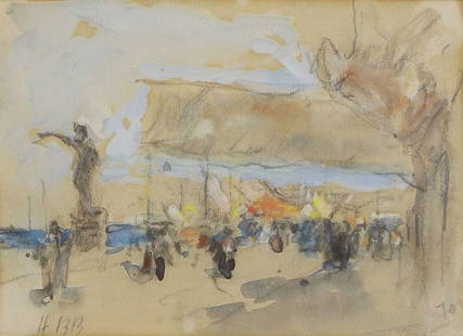 Hercules Brabazon Brabazon (1821-1906): Hercules Brabazon Brabazon (1821-1906) A market scene signed with initials l.l., inscribed 'Tou'(?) l.r., watercolour and black chalk 12.5 x 18.5cm Condition Report: Overall: 28 x 34cm Time staining a