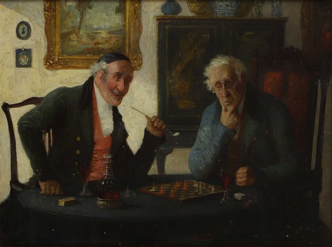 George Fox (1816-1910): George Fox (1816-1910) Playing chess signed 'Geo Fox' l.r., oil on board 24 x 31cm Condition Report: Overall: 41x 49cm There are some small scattered spots of retouching visible. Not examined under UV
