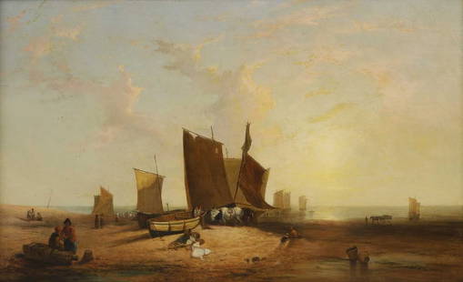 Follower of Richard Parkes Bonington: Follower of Richard Parkes Bonington A beach scene at low tide with fisherfolk unloading the catch oil on canvas 92 x 152cm Provenance: Christie&#8217;s, 15 March 2006, lot 403. Condition Report: Over