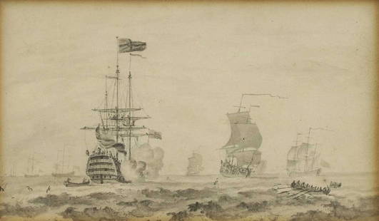 Follower of Willem van de Velde the Younger: Follower of Willem van de Velde the Younger A naval engagement pen and ink and wash 10 x 16.5cm Condition Report: Overall: 21.5 x 28.5cm Time staining with acid discolouration to the edges. The work a