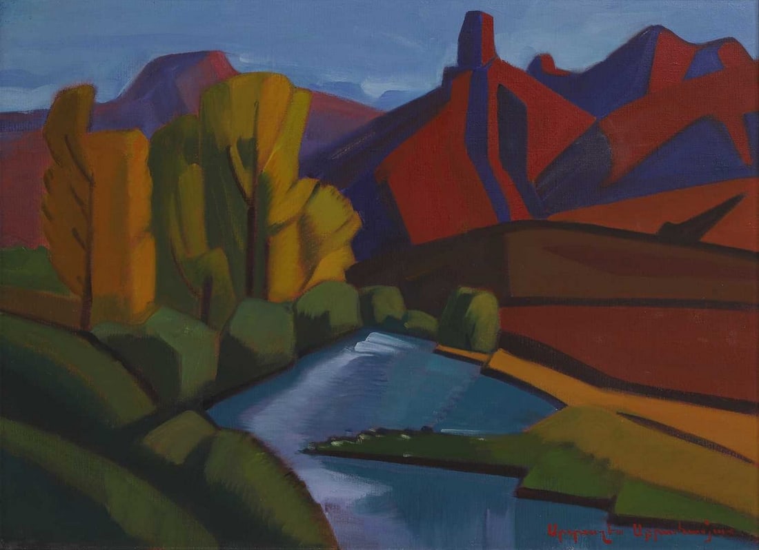 Artashes Abraamyan (Armenian, 1921-2003): Artashes Abraamyan (Armenian, 1921-2003) A river landscape signed in Cyrillic l.r., also signed and inscribed verso, oil on canvas 53 x 74cm Condition Report: Overall: 64 x 84cm Circa 1970s. Appears t