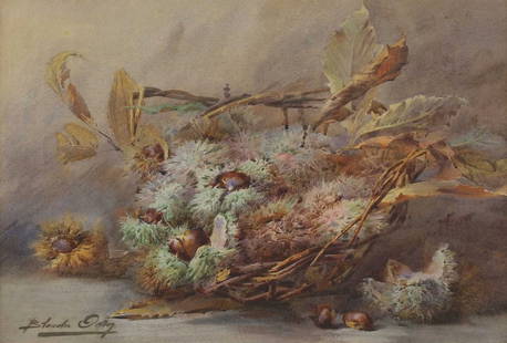â–² Blanche Odin (French, 1865-1957): â–² Blanche Odin (French, 1865-1957) Still life of sweet chestnuts signed 'Blanche Odin' l.l., watercolour 38 x 55.5cm Condition Report: Framed: 55 x 73cm Some darkened spots on the top right corn