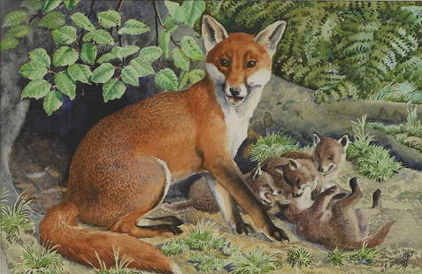 &#9650; Charles Frederick Tunnicliffe RA (1901-1979): &#9650; Charles Frederick Tunnicliffe RA (1901-1979) A fox with cubs signed 'C F Tunnicliffe' l.r., watercolour over pencil 28 x 43cm Condition Report: Overall: 51.5 x 65cm Appears to be in good condi