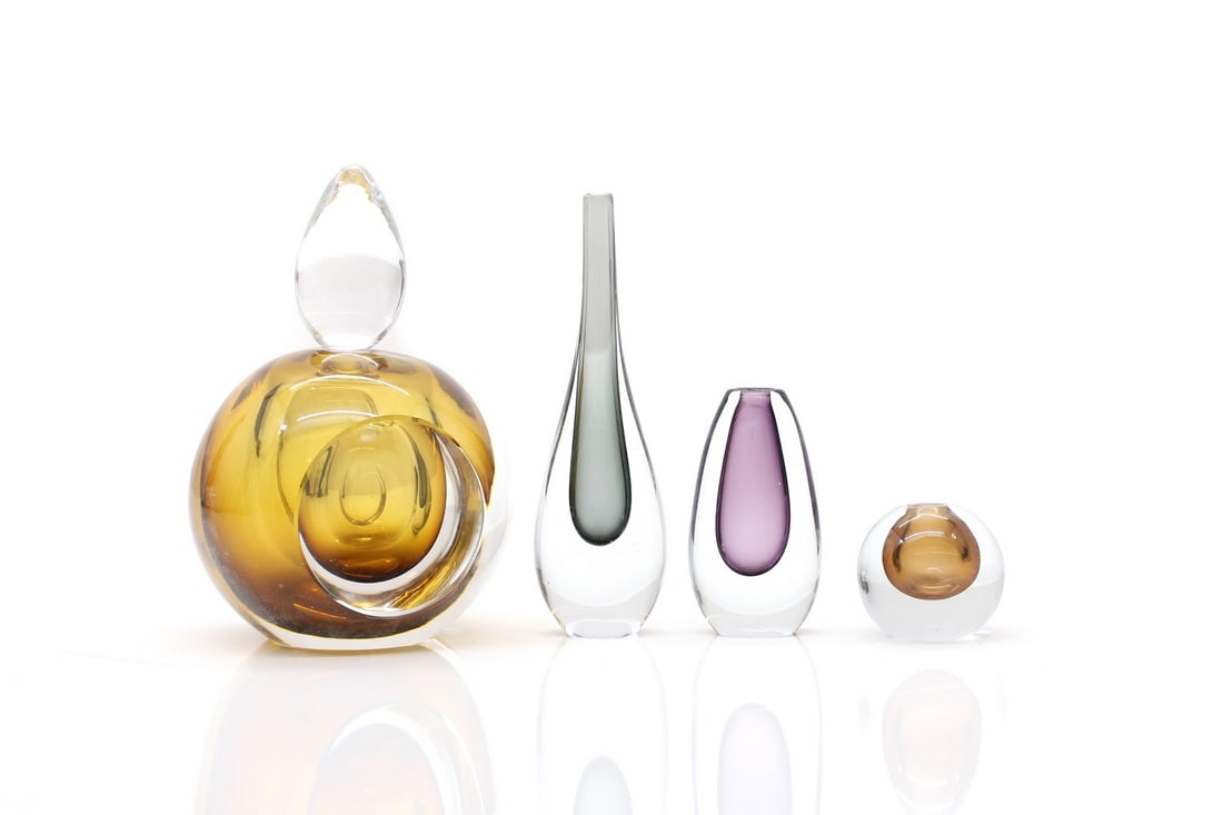 A collection of Scandinavian glass items: A collection of Scandinavian glass items c.1960s, comprising a Kosta 'Ventana' glass scent bottle, designed by Mona Morales-Schildt, of globular form with opposing printie cut sides below in a tear dr