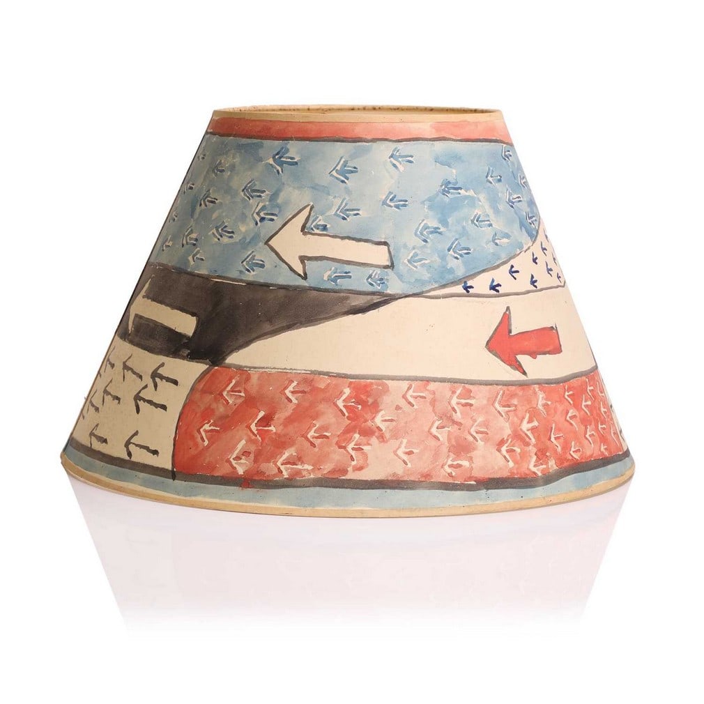 ▲ Quentin Bell (1910-1996),: ▲ Quentin Bell (1910-1996), a painted paper shade, with bands of arrows, in blue, black and red, signed to the inside 'QB (8?) 91', 40cm diameter 25cm high Condition Report: Some browning to the