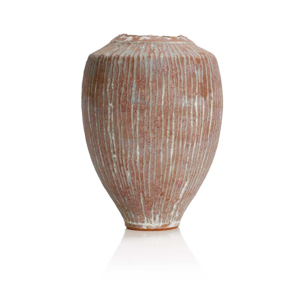 ▲ Peter Beard (b.1951),: ▲ Peter Beard (b.1951), a stoneware vase, of shouldered form, with a pale blue streaked linear glaze, impressed mark, 18.7cm high Condition Report: No chips or cracks. Some unevenness due to the