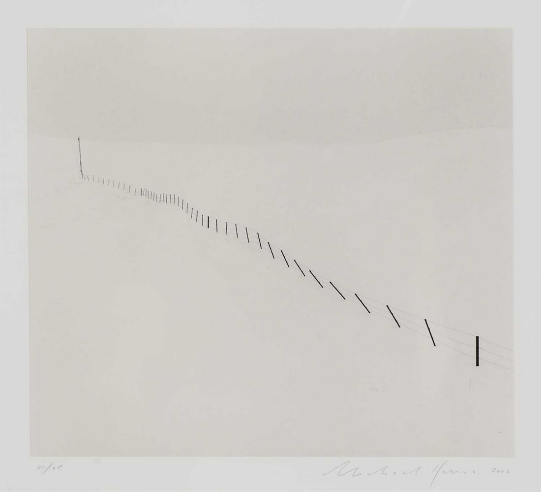 ▲ Michael Kenna (b.1953): ▲ Michael Kenna (b.1953) 'Hillside Fence, Study 1, Teshikaga, Hokkaido, Japan' gelatin silver print, signed and dated 'Michael Kenna 2002' and numbered '21/45' on the mount 18.5 x 20cm Provenanc
