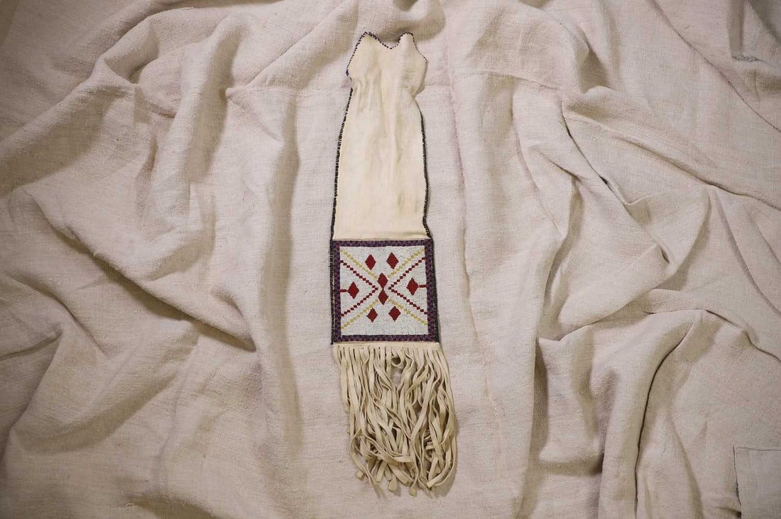 A Native American beaded hide tobacco or pipe bag, (1 of 4)
