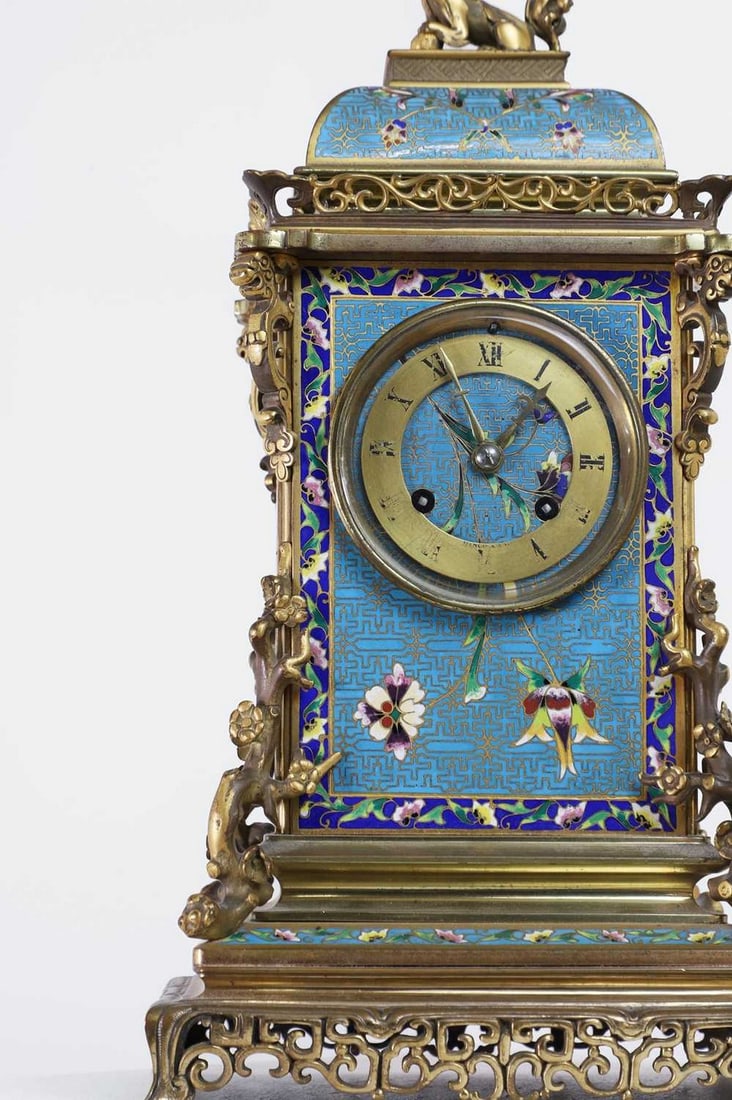 A gilt-metal-mounted and champlevé enamel mantel clock, (1 of 14)