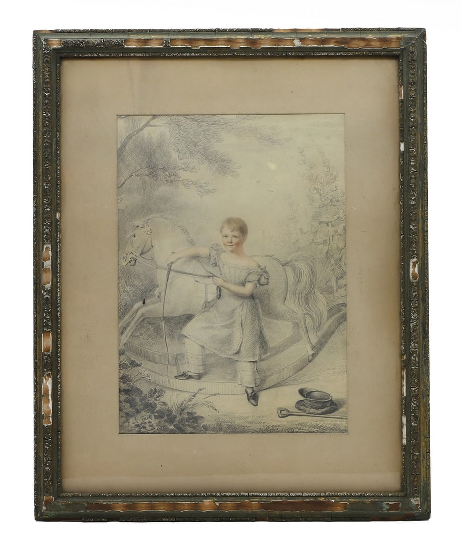 William Moore I (1790-1851): William Moore I (1790-1851) Portrait of a young boy beside a rocking horse watercolour over pencil, framed 38 x 26.5cm,