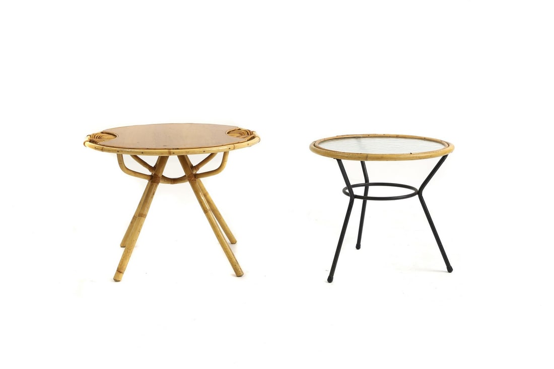 Two bamboo tables: Two bamboo tables 1970s, by Janine Abraham and Dirk Jan Rol, one with a pine inset top, with four bamboo supports 68cm diameter 51.5cm high the other with a ripple glass top to a tripod metal base, 54