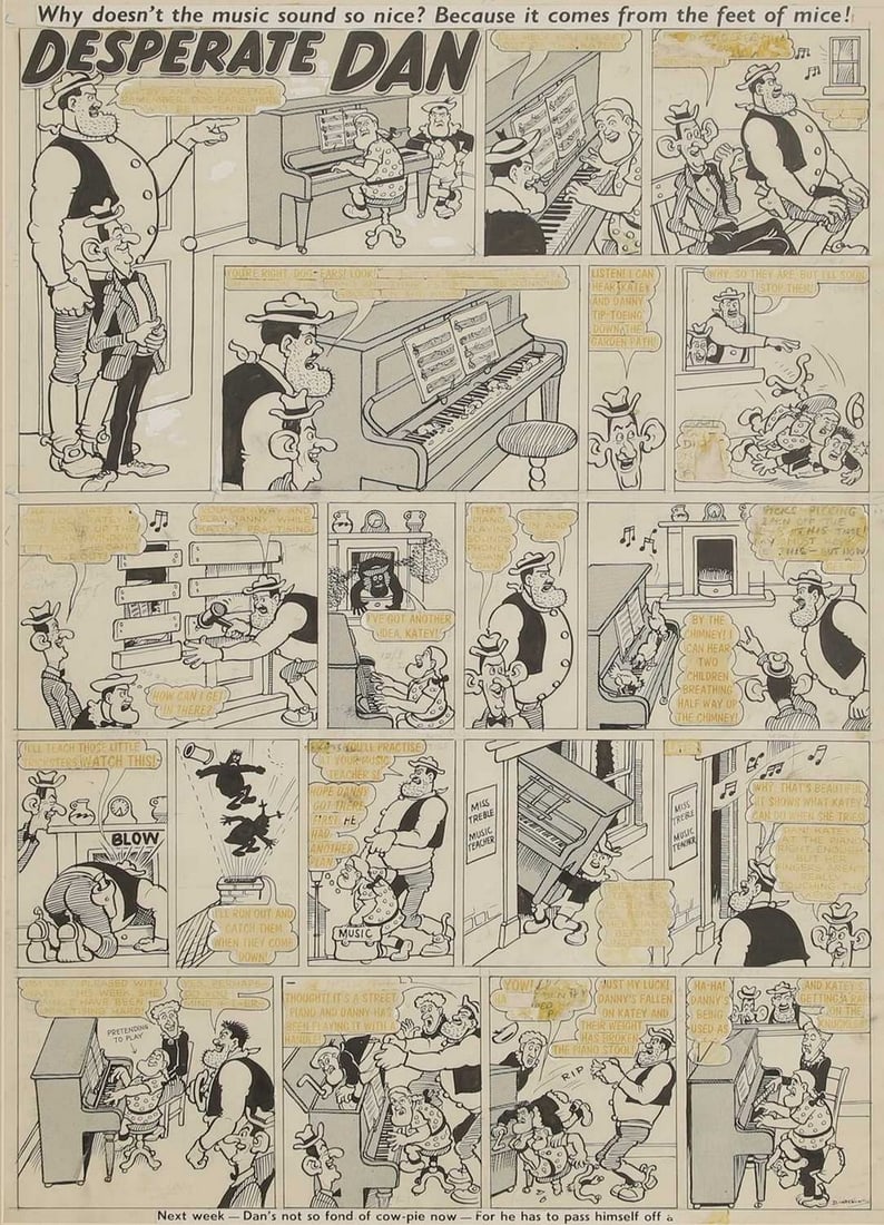 Original comic artwork for Desperate Dan: Original comic artwork for Desperate Dan 'Why Doesn't the Music Sound so Nice?' pencil, pen and ink heightened with white, and collage 54 x 37cm Provenance: The David and Pam McCleave Collection of Mo