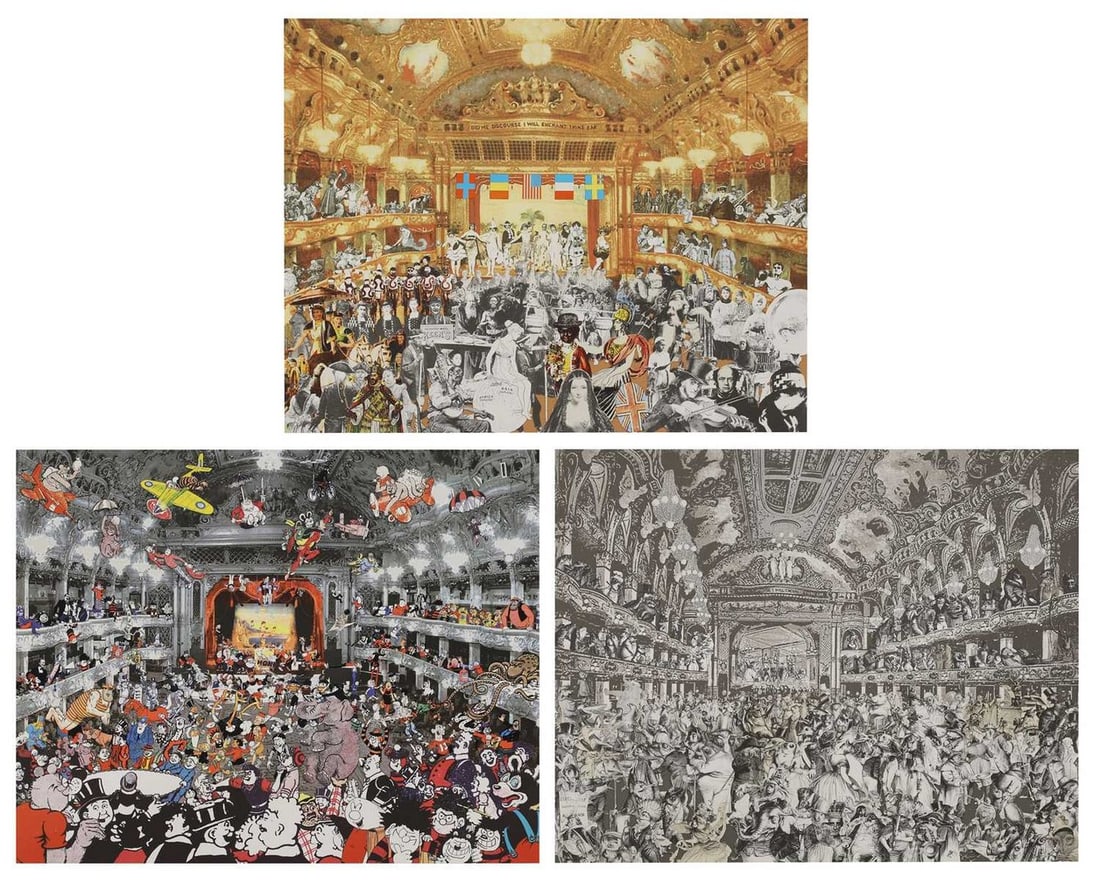 ▲ Sir Peter Blake RA (b.1932): ▲ Sir Peter Blake RA (b.1932) 'Marcel Duchamp's World Tour: Ballroom Set', 2015, comprising: 'The Animals' Fancy Dress Ball'; 'New Year's Eve Parade'; 'DC Thomson Reunion at the Tower Ballroom,