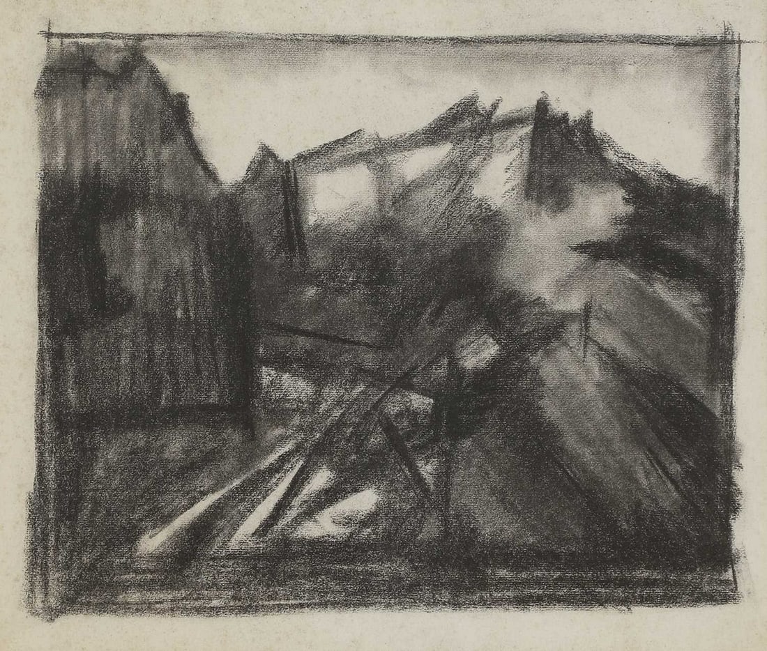 ▲ David Bomberg (1890-1957): ▲ David Bomberg (1890-1957) 'Study for Abstract Painting: The River', 1937 black chalk 43.5 x 50.5cm Condition Report: Framed: 70.5x 76.5cm Foxing throughout. Cockling and time staining to the p