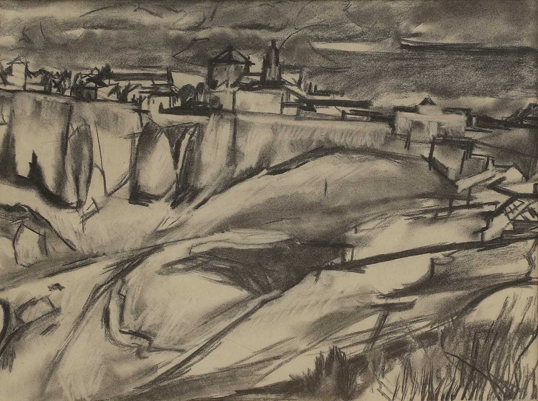 ▲ David Bomberg (1890-1957): ▲ David Bomberg (1890-1957) Ronda, 1954 inscribed 'Ronda, Andalucia, by David Bomberg 1954/authenticated by Lilian Bomberg' verso, charcoal 45 x 59cm Provenance: Wolpe Gallery, Cape Town; Christ