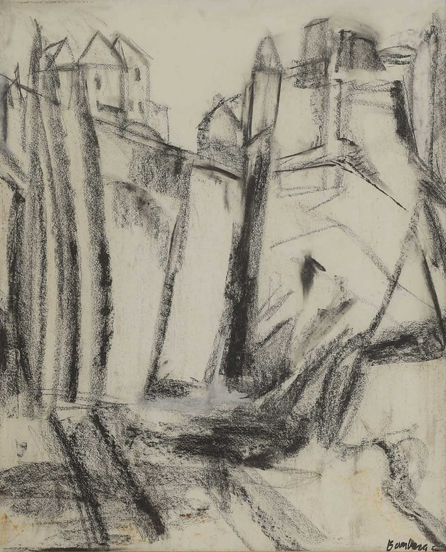 ▲ David Bomberg (1890-1957): ▲ David Bomberg (1890-1957) River bank, Ronda signed 'Bomberg' and indistinctly dated l.r., charcoal and pastel 63 x 51cm Provenance: The Property of a London Collector. Condition Report: Framed