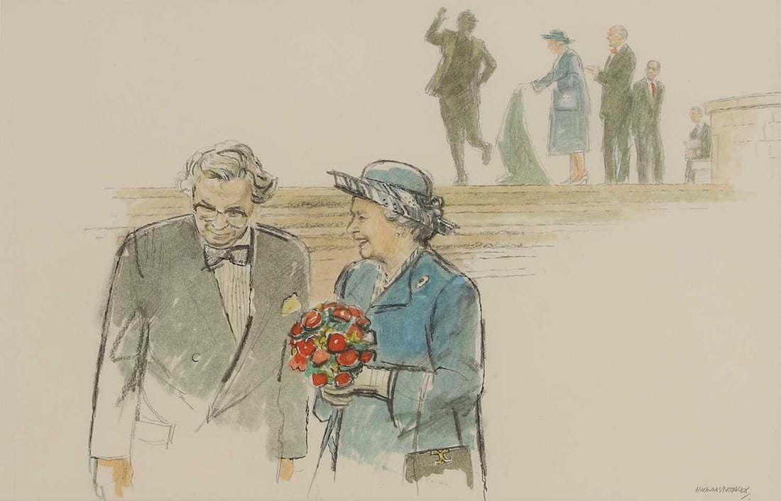 ▲ Michael Noakes (1933-2018): ▲ Michael Noakes (1933-2018) HM Queen Elizabeth II unveiling the statue of Eric Morecambe, and talking to Robin Day in the foreground signed 'Michael Noakes' l.r., mixed media 24.5 x 37cm Proven