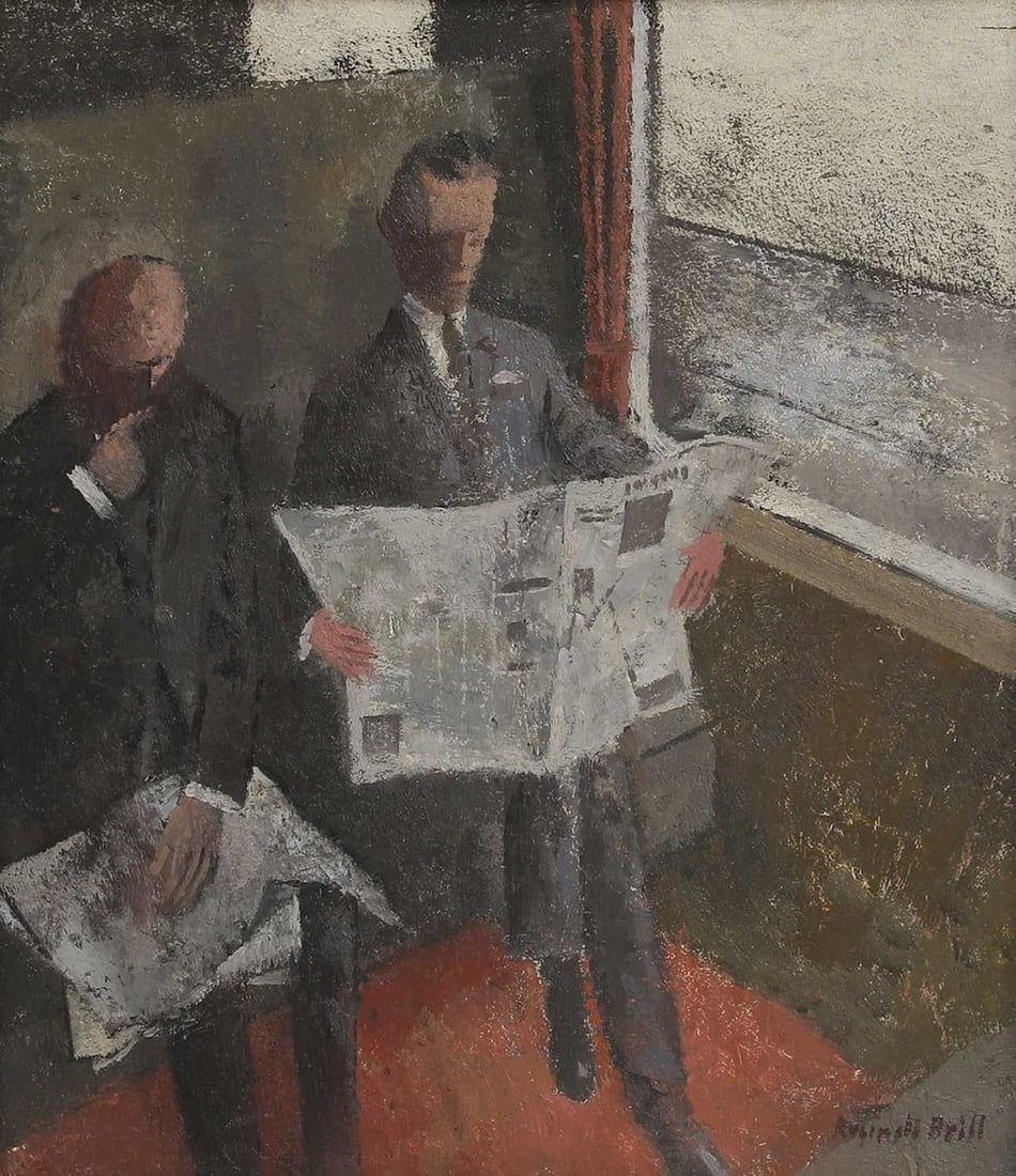 ▲ Reginald Brill (1902-1974): ▲ Reginald Brill (1902-1974) Commuters reading newspapers signed 'Reginald Brill' l.r., oil on board 30 x 26.5cm Condition Report: Framed: 45 x 41cm There is a shallow 1cm split in the panel to