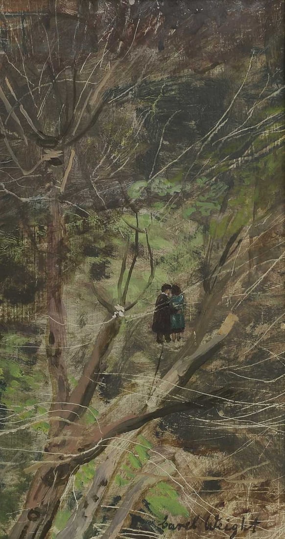 ▲ Carel Weight CH RA (1908-1997): ▲ Carel Weight CH RA (1908-1997) Lovers in a wood signed 'Carel Weight' l.r., oil on board 35 x 19cm Provenance: Lord and Lady Moser. Condition Report: Framed: 43 x 26.5cm Appears to be in good