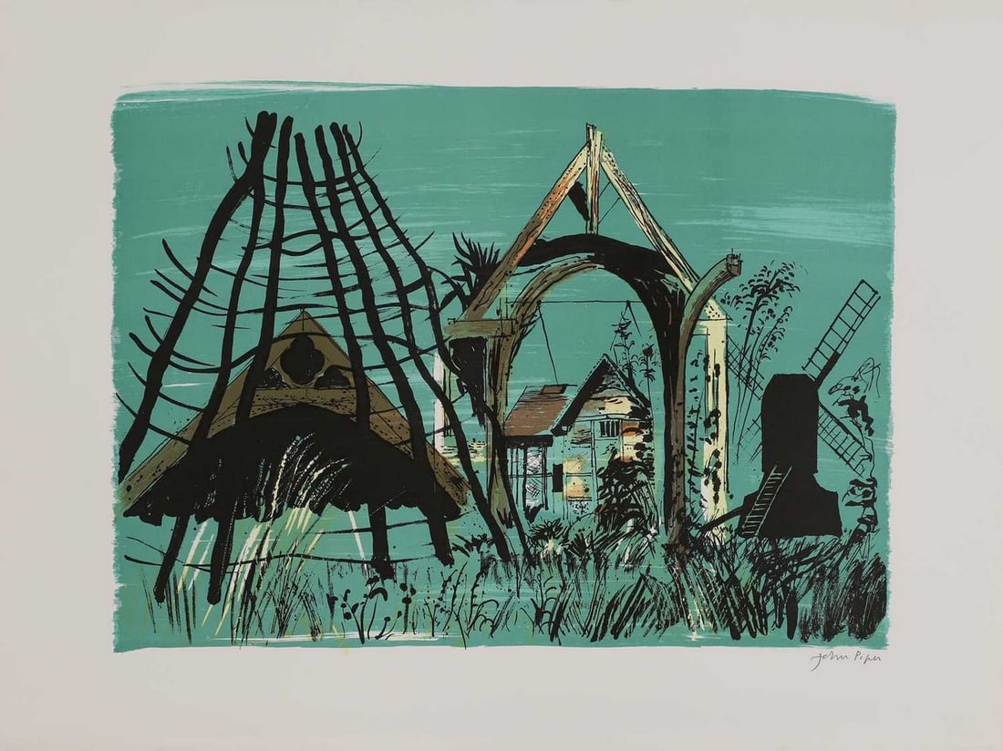 ▲ John Piper CH (1903-1992): ▲ John Piper CH (1903-1992) 'Avoncroft Museum' (Levinson 258) lithograph in colours, 1976, signed 'John Piper' in pencil l.r., with Stanley Jones Archive blind stamp sheet 56 x 76cm, unframed Pr