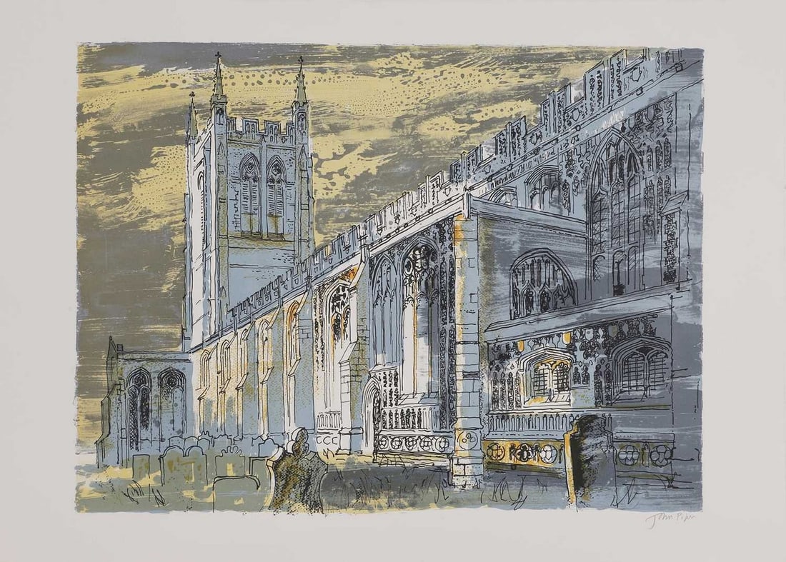 ▲ John Piper CH (1903-1992): ▲ John Piper CH (1903-1992) 'Long Melford Church' (Levinson 336) lithograph in colours, 1982, signed 'John Piper' in pencil l.r., with Archive of Stanley Jones blind stamp sheet 55.5 x 77.5cm, u
