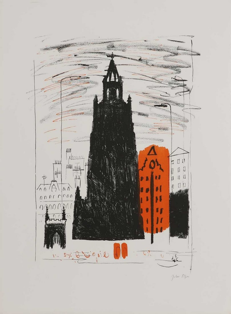 ▲ John Piper CH (1903-1992): ▲ John Piper CH (1903-1992) 'St Nicholas, Liverpool: Smoke-Black Dockland Church' (Levinson 136) lithograph in colours, 1964, signed 'John Piper' in pencil l.r., with Archive of Stanley Jones st
