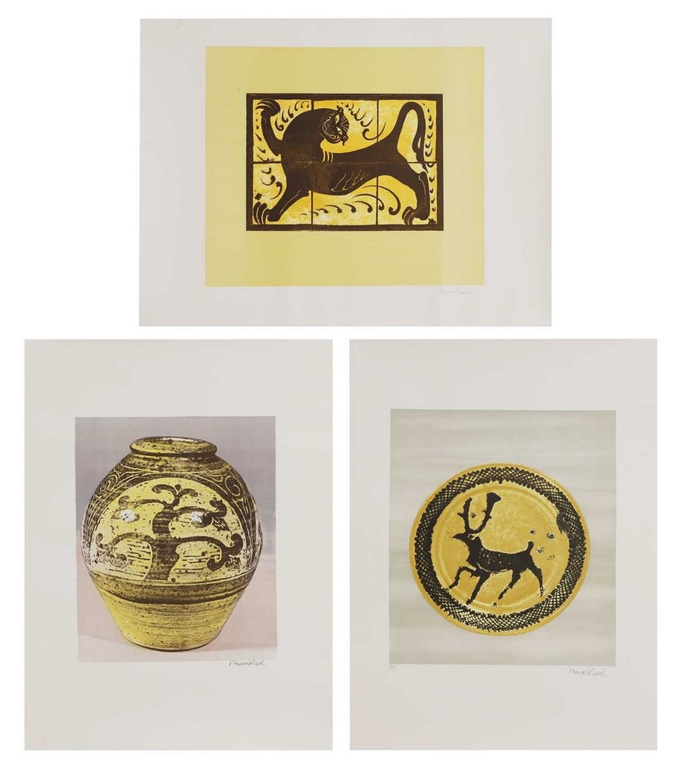 ▲ Bernard Leach CH (1887-1979): ▲ Bernard Leach CH (1887-1979) 'Deer Plate'; 'Lion Tile'; 'Tree Jar' three lithographs in colours, 1973-74, all signed 'Bernard Leach' in pencil l.r., the first numbered '6/200' sheet 77.5 x 57c