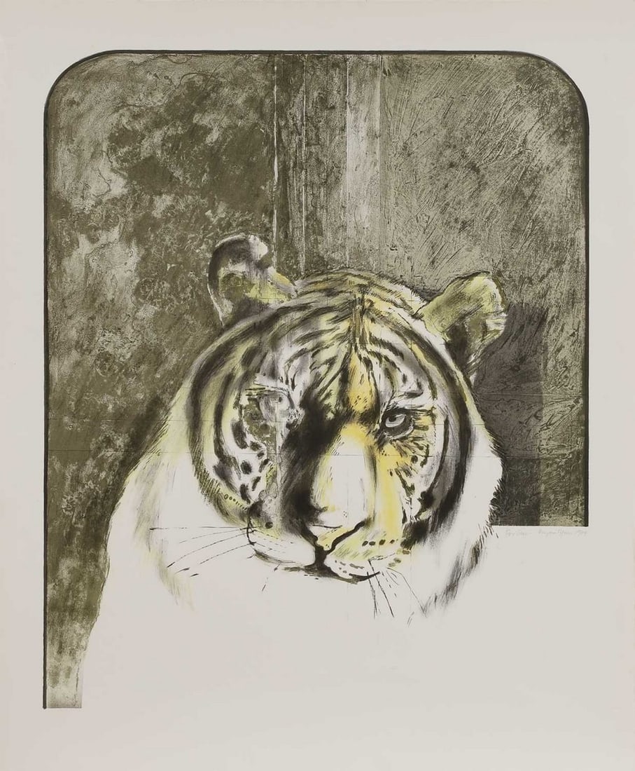 ▲ Bryan Organ (b.1935): ▲ Bryan Organ (b.1935) Tiger lithograph in colours, signed and dated 'Bryan Organ 1974' in pencil l.r., and inscribed 'For Stan' sheet 76 x 63cm, unframed Provenance: The Estate of Stanley Jones