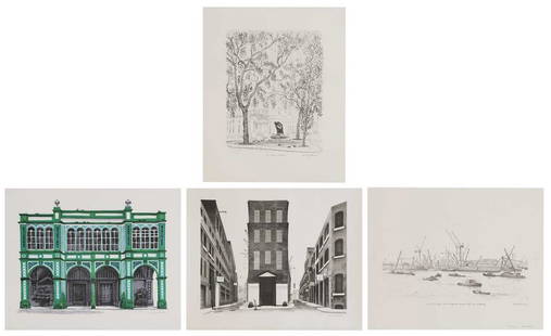 ▲ David Gentleman (b.1930): ▲ David Gentleman (b.1930) 'Warehouse Between Shelton St and Earlham St', 1972; 'Foreign Fruit Market', 1972; 'The Isle of Dogs', 1988; 'The Italian Fountain' four lithographs, each signed 'Davi