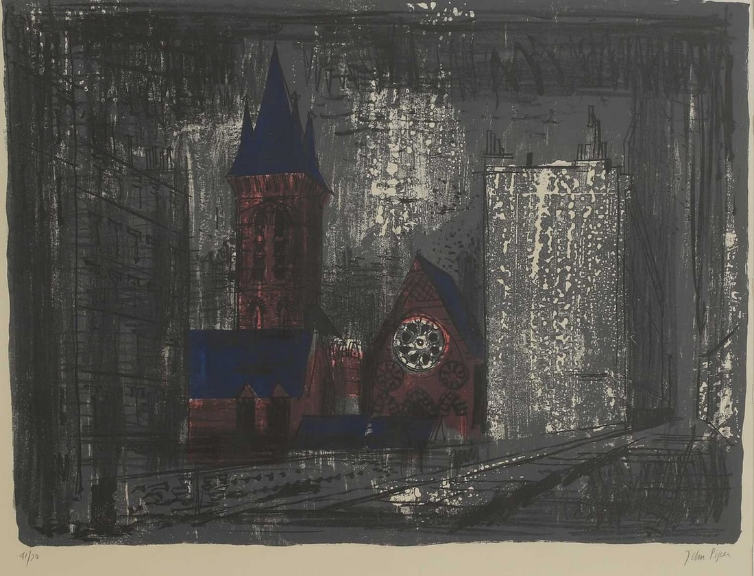 ▲ John Piper CH (1903-1992): ▲ John Piper CH (1903-1992) 'St James the Less, Westminster: by G. E. Street' (Levinson144) lithograph in colours, 1964, signed 'John Piper' in pencil l.r. and numbered '41/70' image 48.5 x 64cm