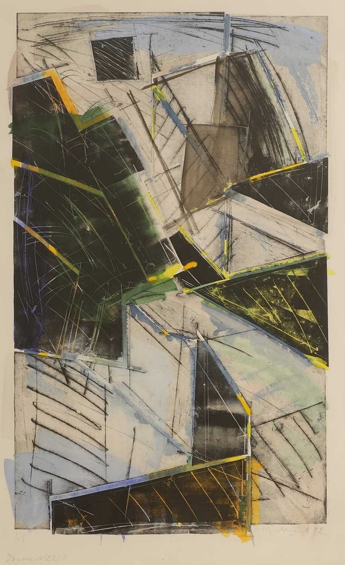 Oleg Kudryashov (1932-2022): Oleg Kudryashov (1932-2022) Untitled, No. 2247 etching and aquatint in colours, signed and dated '92' in pencil l.r., numbered '1/1' and indistinctly inscribed '...N2247' sheet 120 x 71.5cm Condition