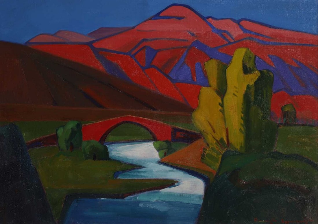 Artashes Abraamyan (Armenian, 1921-2003): Artashes Abraamyan (Armenian, 1921-2003) River landscape with bridge signed in Cyrillic l.r., also signed and inscribed in Cyrillic and dated '1970' verso, oil on canvas 56.5 x 79.5cm Condition Report