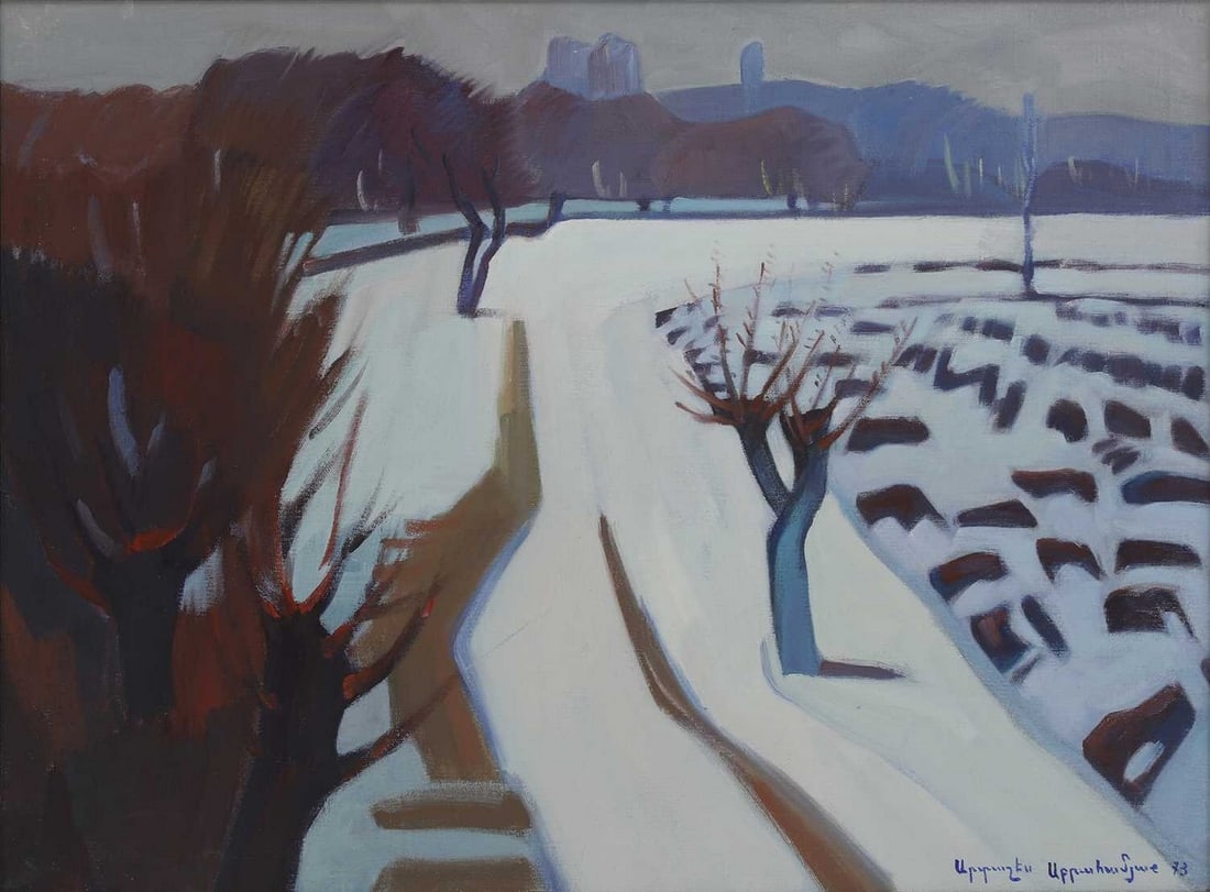 Artashes Abraamyan (Armenian, 1921-2003): Artashes Abraamyan (Armenian, 1921-2003) Snowy landscape signed and dated '73' l.r., also signed and inscribed verso, oil on canvas 57 x 80cm Condition Report: Framed: 66 x 89cm Light stretcher marks