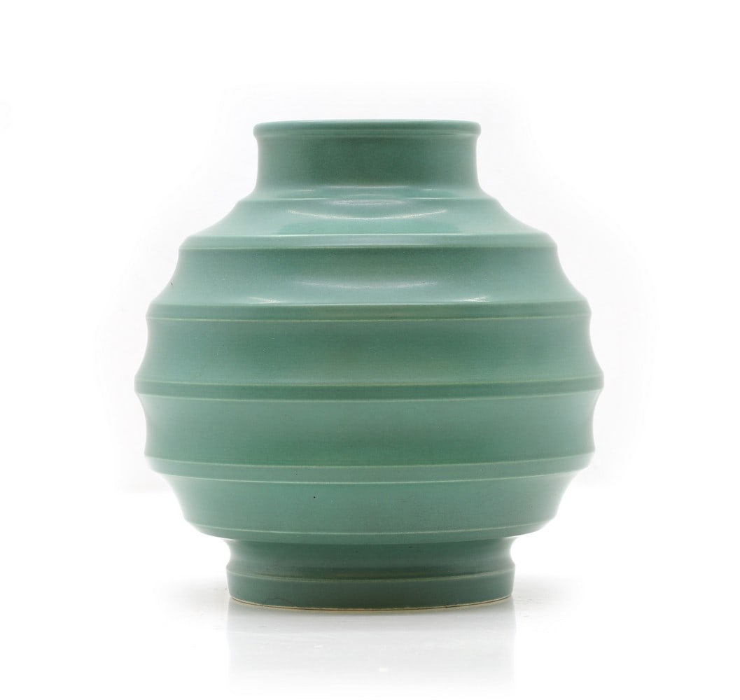 Keith Murray (New Zealand, 1892-1981): Keith Murray (New Zealand, 1892-1981) a Wedgwood green pottery vase, of globular form, with ribbed decoration, impressed marks, signed 'Keith Murray', 19cm high Condition Report: Good condition, with