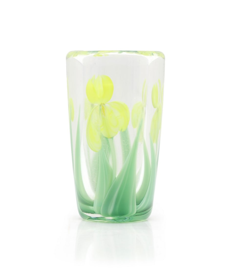 Bruce Sillars: Bruce Sillars 20th century, for Orient and Flume, crystal cased yellow iris vase, signed to underside, 15cm high