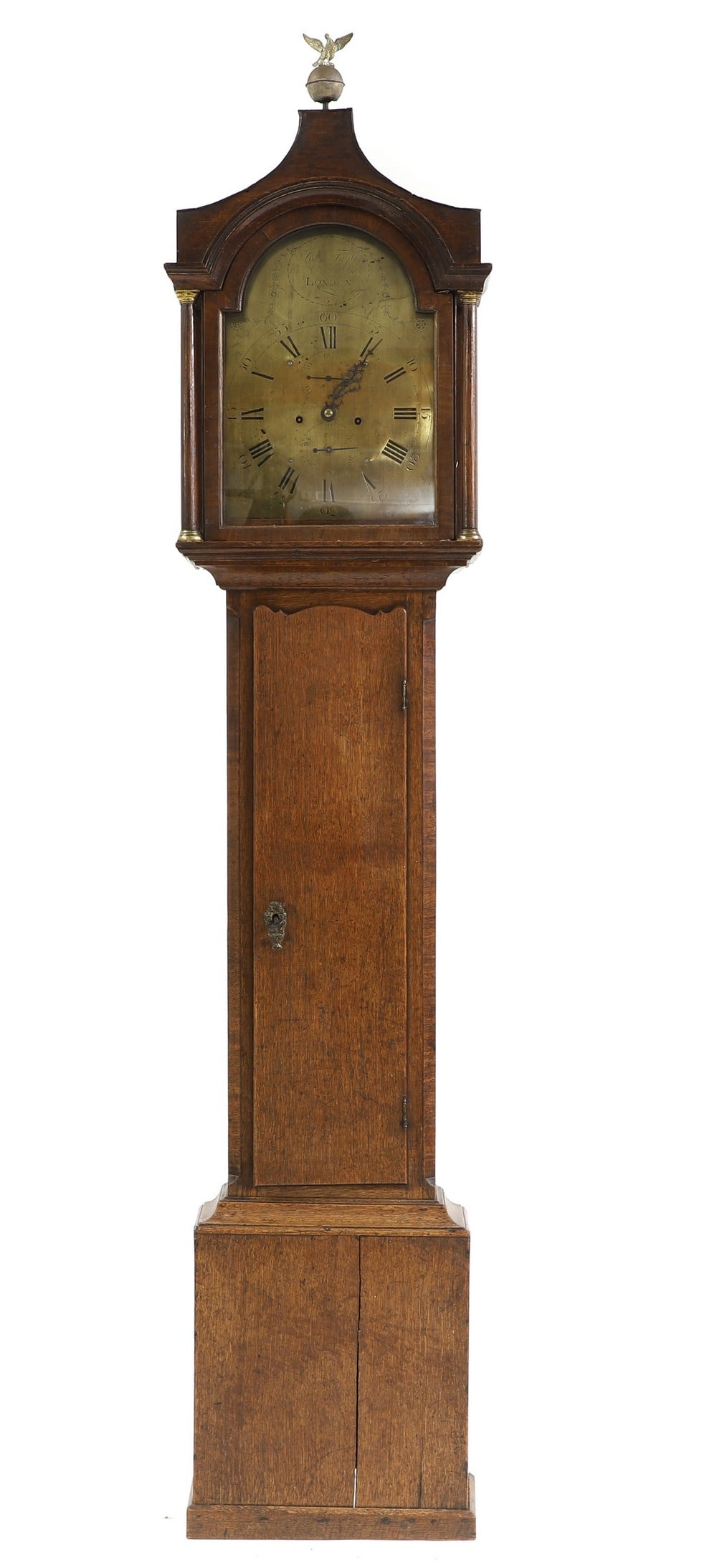 An oak, eight-day longcase clock,: An oak, eight-day longcase clock, 19th century, the arched brass dial engraved 'John Taylor, London`, over subsidiary seconds and calendar dials, supporting a two-train striking movement, pendulum, ke