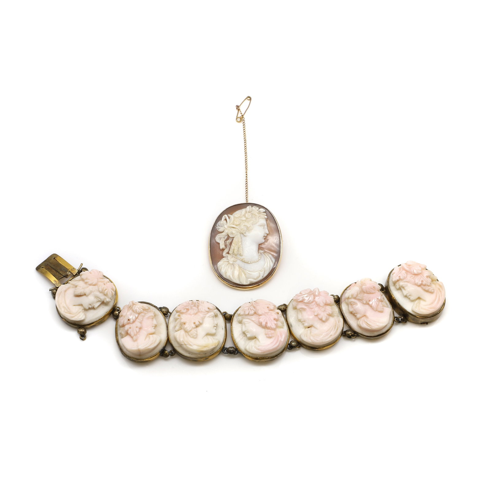 A shell cameo brooch and a shell cameo bracelet, (1 of 2)