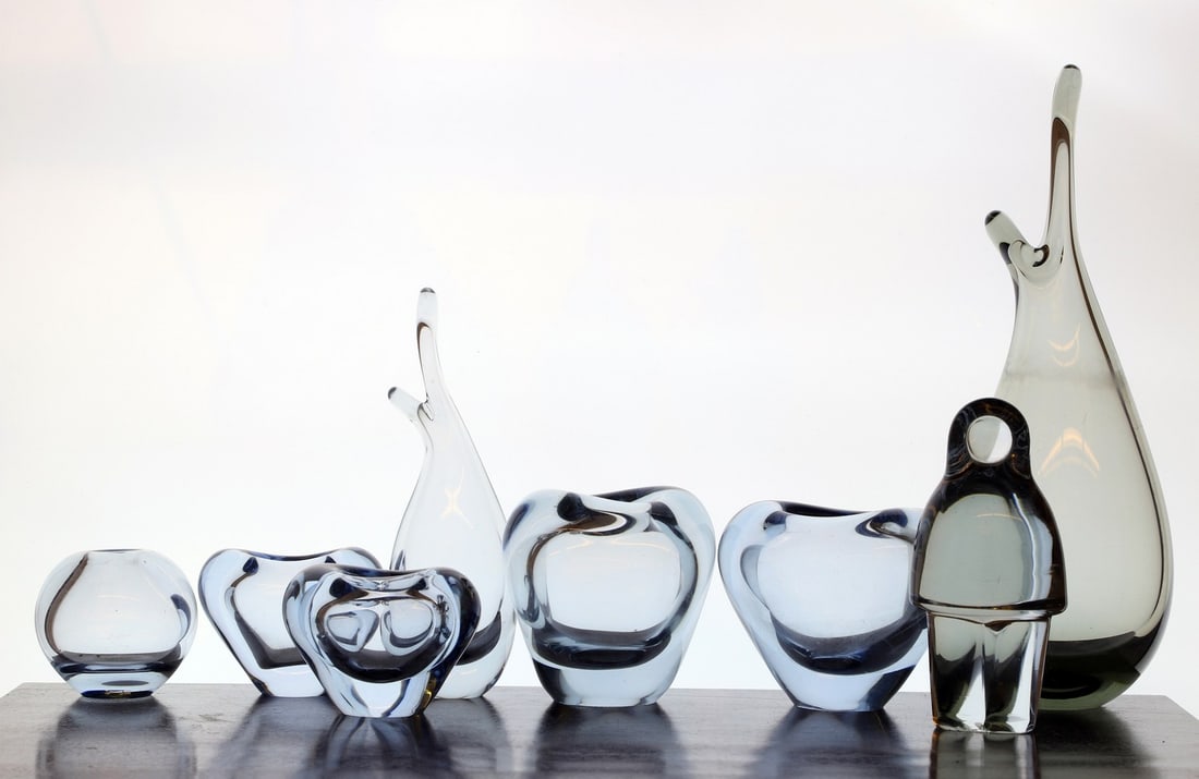 A collection of Holmegaard glass items,: A collection of Holmegaard glass items, 20th century, of various forms, all designed by Per Lutken for Holmegaard, comprising four 'heart-shaped' minuet glass vases, two 'duckling' vases, a 'rondo' sm
