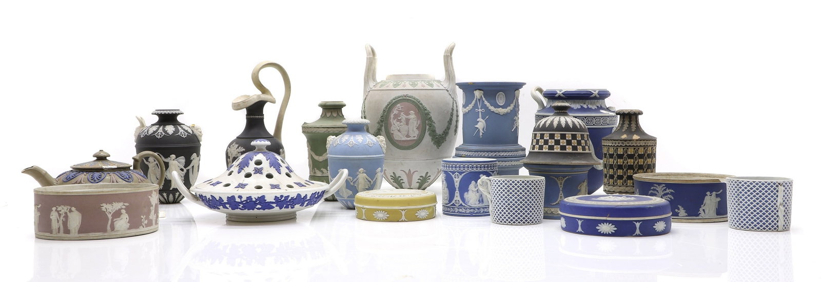 A collection of Wedgwood pottery items: A collection of Wedgwood pottery items 19th century, to include lids, plinths and bases, largest 22cm high (qty) Provenance: The property of the late Baron John Mauger Langin Condition Report: Chips, 