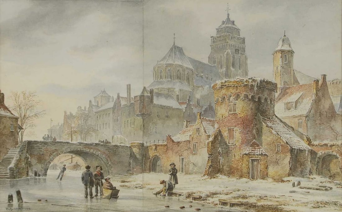 Bartholomeus Johannes van Hove (Dutch, 1790-1880): Bartholomeus Johannes van Hove (Dutch, 1790-1880) Figures on a frozen river, a church beyond signed 'B. J. VAN HOVE' l.l., watercolour 22.5 x 35cm Provenance: Private collection, Moor Park, Hertfordsh