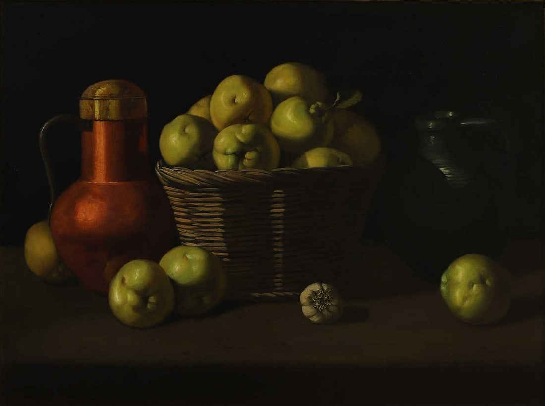 Manner of Luis Meléndez: Manner of Luis Meléndez Still life of a basket of quinces oil on canvas 83 x 62cm Provenance: The estate of Baron John Mauger Langin. Condition Report: Framed: 96 x 75cm Early 20th century. Relin