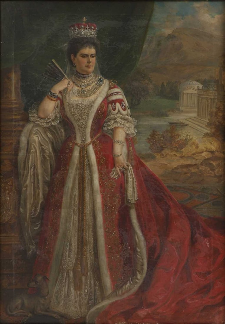 F... Wilcockson (19th/20th century): F... Wilcockson (19th/20th century) Portrait of Helen (née Magruder), Lady Abinger, wife of William Frederick Scarlett, 3rd Baron Abinger, standing full-length, in a fur-trimmed red gown, wearing