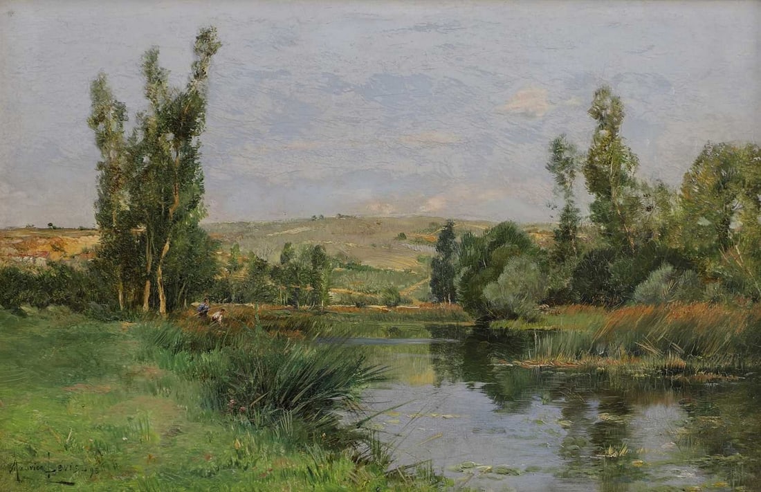 Maurice Levis (French, 1860-1941): Maurice Levis (French, 1860-1941) 'Matinée d'Été (Bords de l'Yonne)' signed and dated 'Maurice Levis - 95' l.l., oil on board 14 x 23cm Provenance: With M Newman Ltd., London. Condition