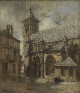 Léon Augustin l'Hermitte (French, 1844-1925): Léon Augustin l'Hermitte (French, 1844-1925) The Church of Notre Dame, Bourges indistinctly signed l.l., pastel 34 x 29cm Condition Report: Overall: 39 x 34cm The pastel is a little soft in the l