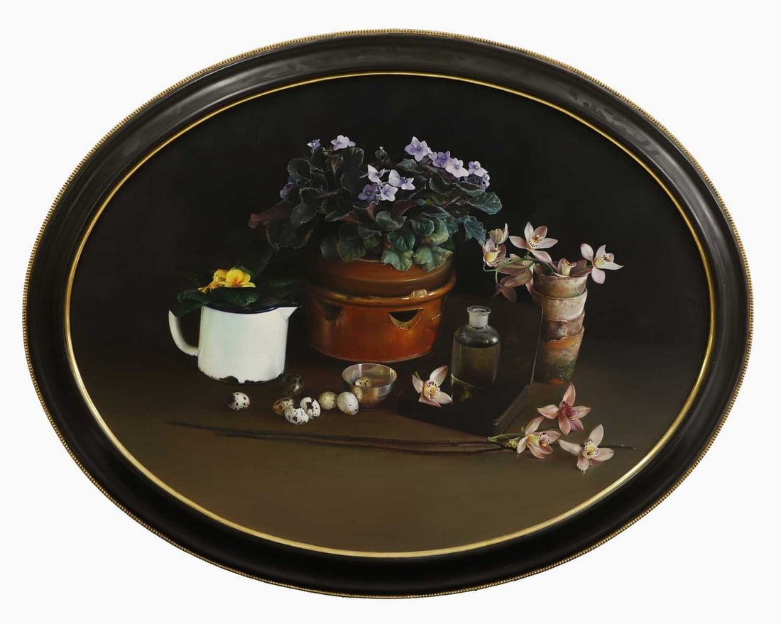 ▲ Andrew Hemingway (b.1955): ? Andrew Hemingway (b.1955) Still life of garden pots of flowers and birds' eggssigned and dated 'ANDREW HEMINGWAY MCMXCIII' c.r., oil on board74 x 100cm, oval Provenance: Private collection, Moor Par